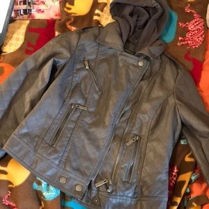 Grey leather jacket with removable hood